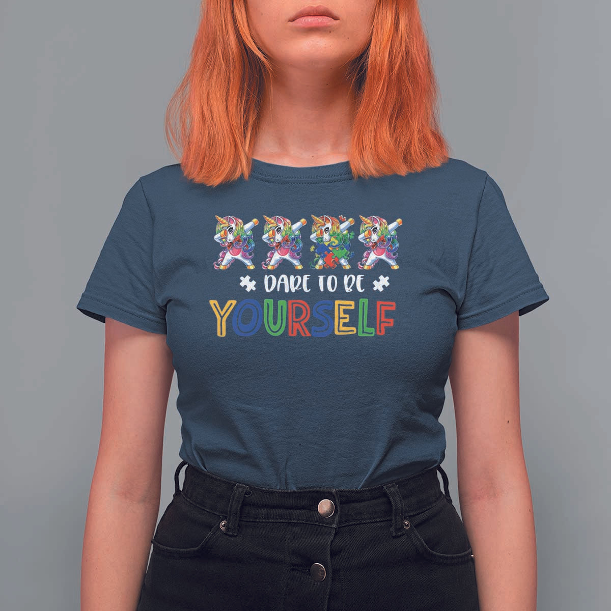 Funny Autism Awareness Dare To Be Yourself T Shirt For Women Dabbing Unicorn