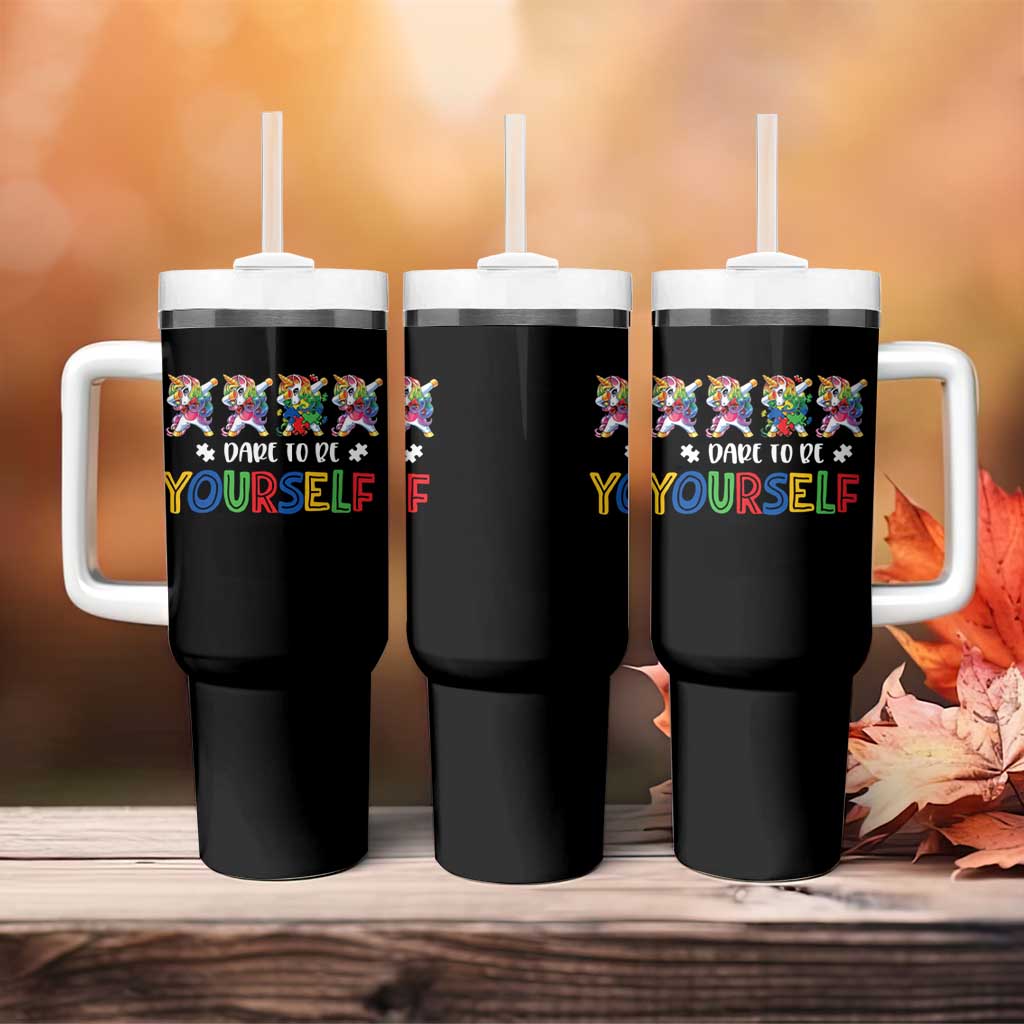 Funny Autism Awareness Dare To Be Yourself Tumbler With Handle Dabbing Unicorn