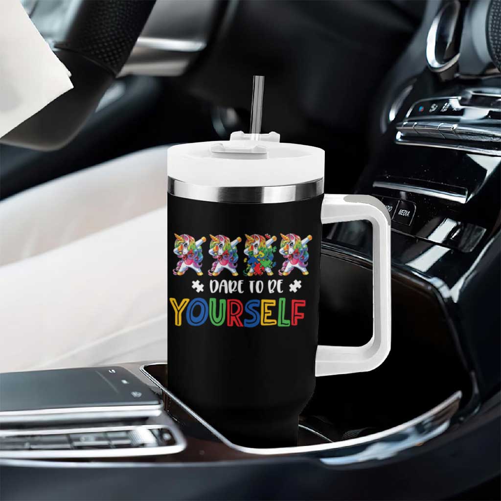 Funny Autism Awareness Dare To Be Yourself Tumbler With Handle Dabbing Unicorn