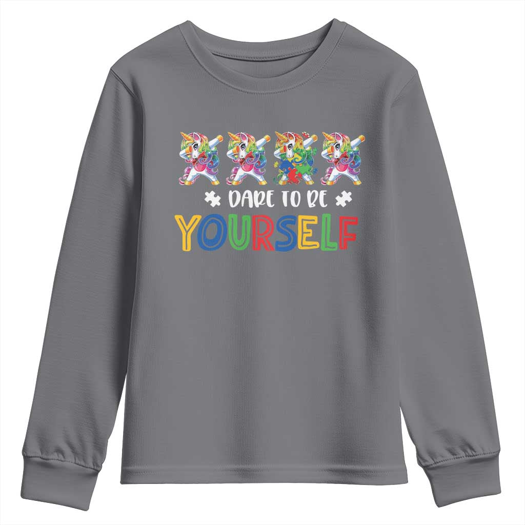 Funny Autism Awareness Dare To Be Yourself Youth Sweatshirt Dabbing Unicorn
