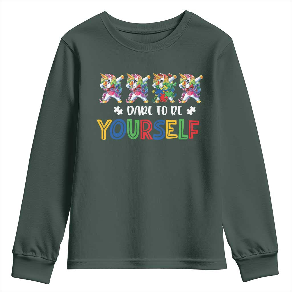 Funny Autism Awareness Dare To Be Yourself Youth Sweatshirt Dabbing Unicorn