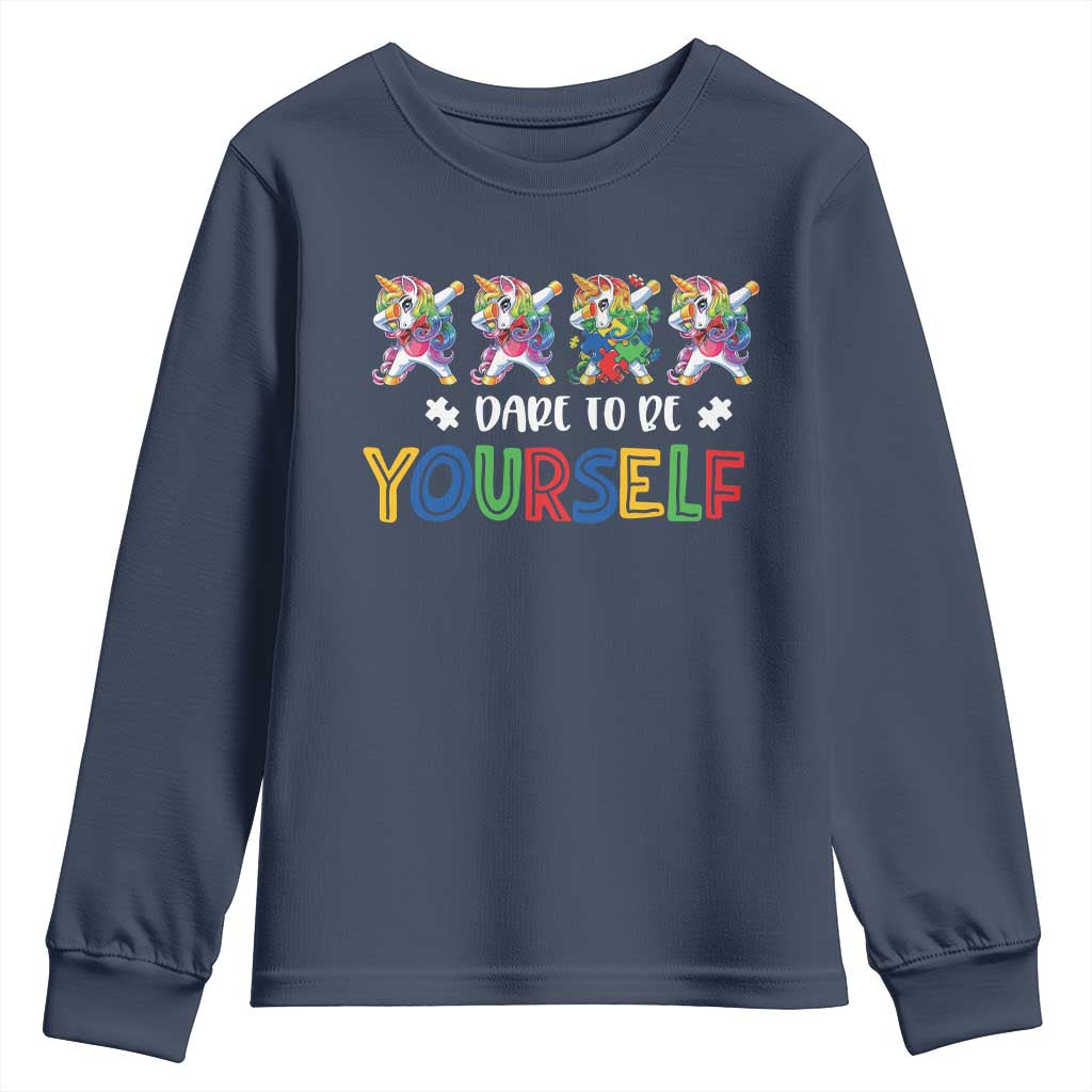 Funny Autism Awareness Dare To Be Yourself Youth Sweatshirt Dabbing Unicorn