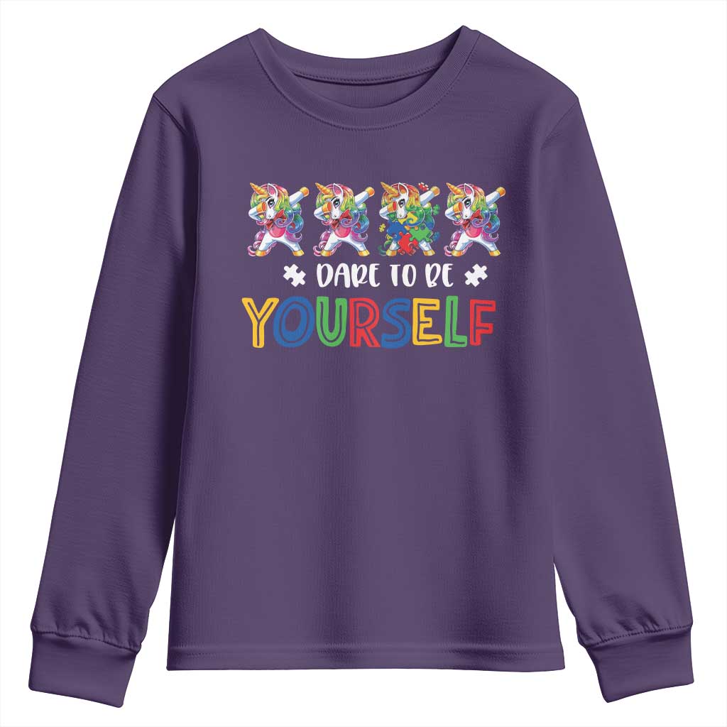 Funny Autism Awareness Dare To Be Yourself Youth Sweatshirt Dabbing Unicorn