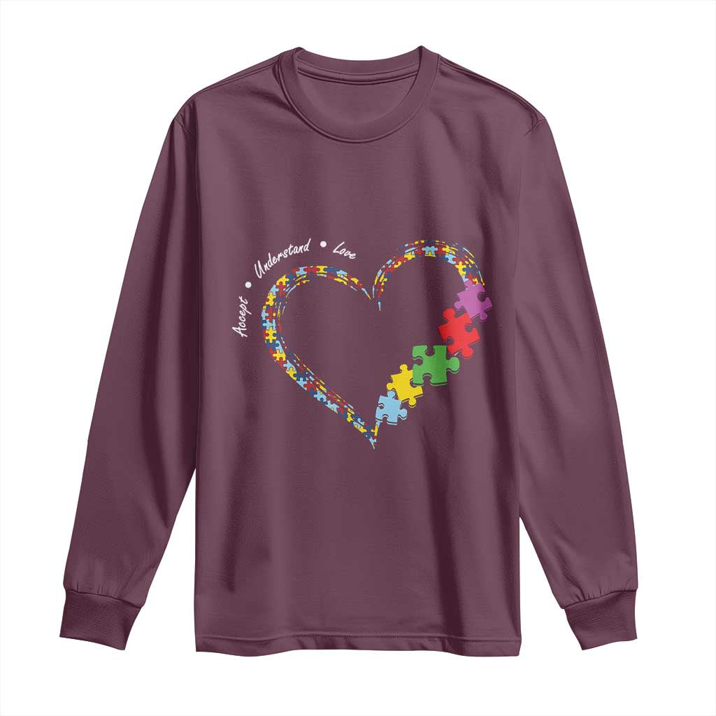 Autism Awareness Accept Understand Love Long Sleeve Shirt Love Heart Puzzle Pieces