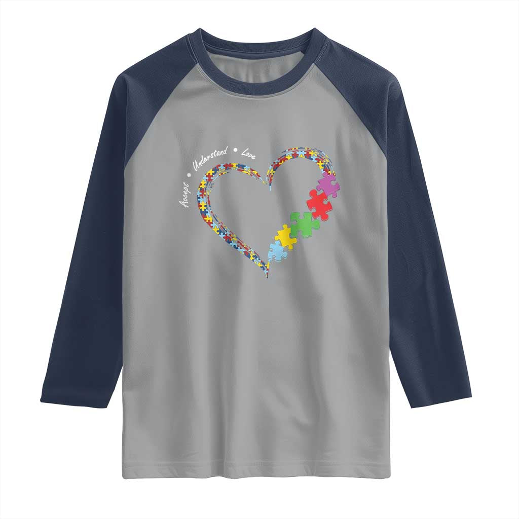 Autism Awareness Accept Understand Love Raglan Shirt Love Heart Puzzle Pieces