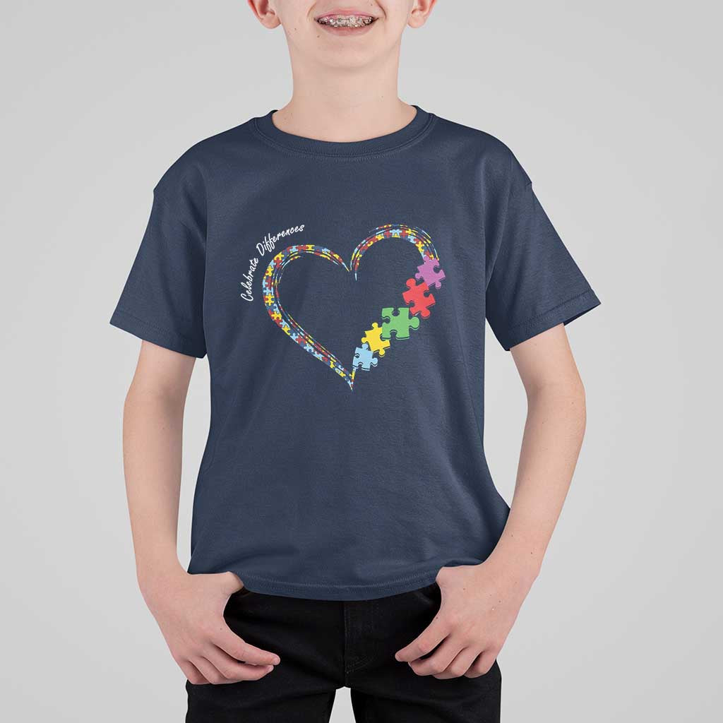 Autism Awareness Celebrate Differences T Shirt For Kid Love Heart Puzzle Pieces