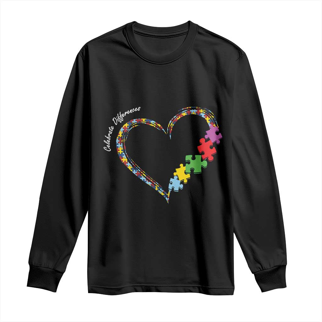 Autism Awareness Celebrate Differences Long Sleeve Shirt Love Heart Puzzle Pieces