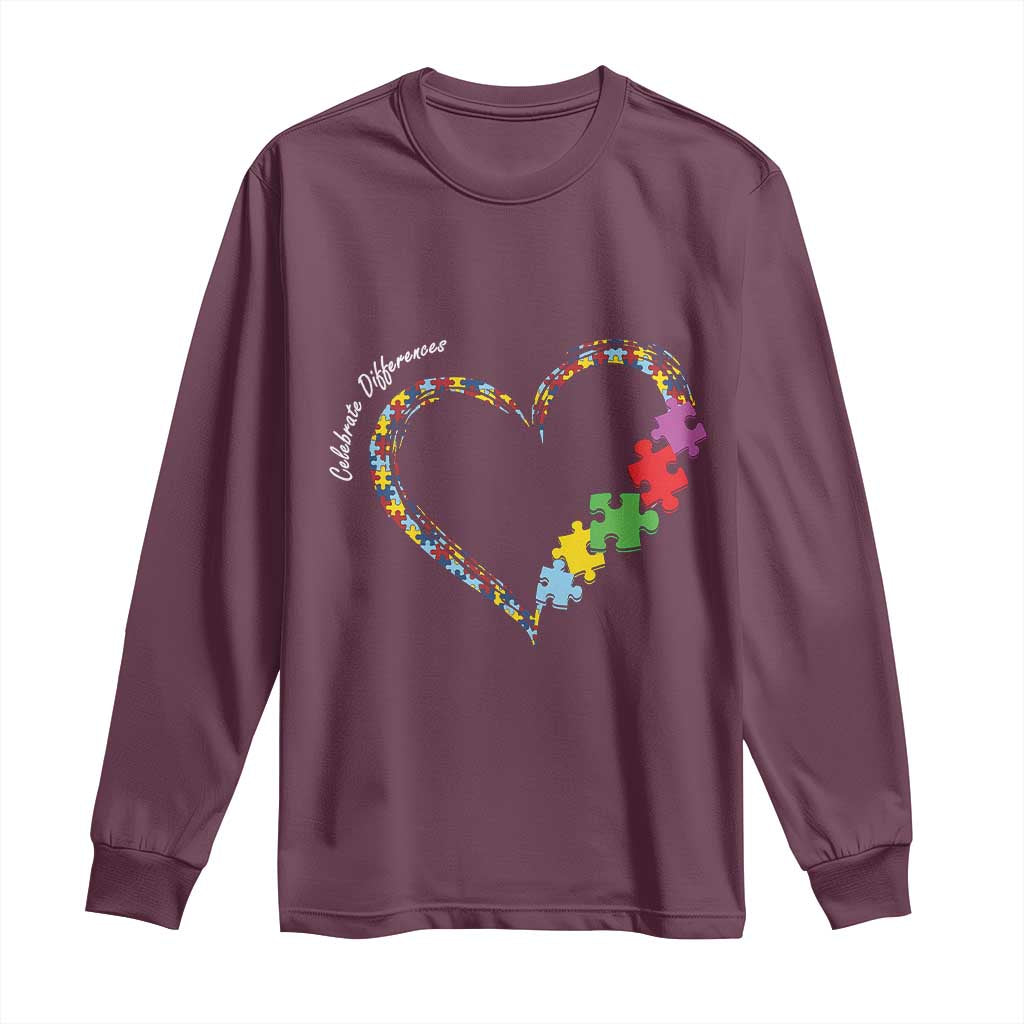Autism Awareness Celebrate Differences Long Sleeve Shirt Love Heart Puzzle Pieces