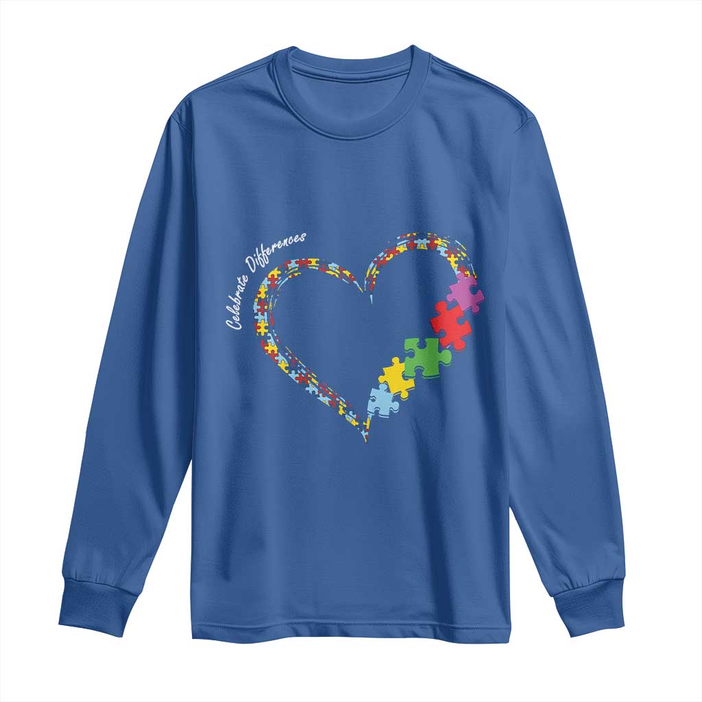 Autism Awareness Celebrate Differences Long Sleeve Shirt Love Heart Puzzle Pieces