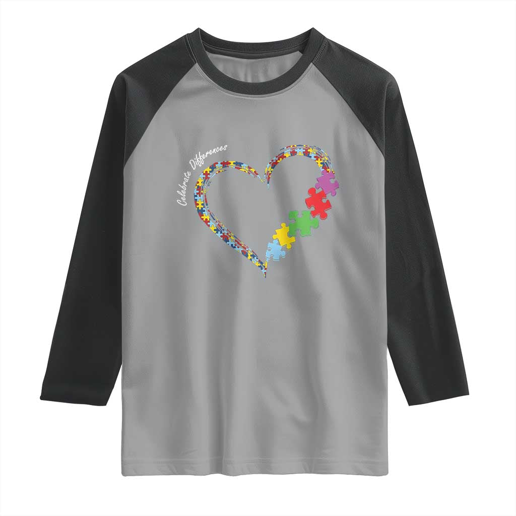 Autism Awareness Celebrate Differences Raglan Shirt Love Heart Puzzle Pieces