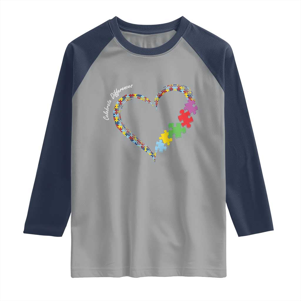 Autism Awareness Celebrate Differences Raglan Shirt Love Heart Puzzle Pieces