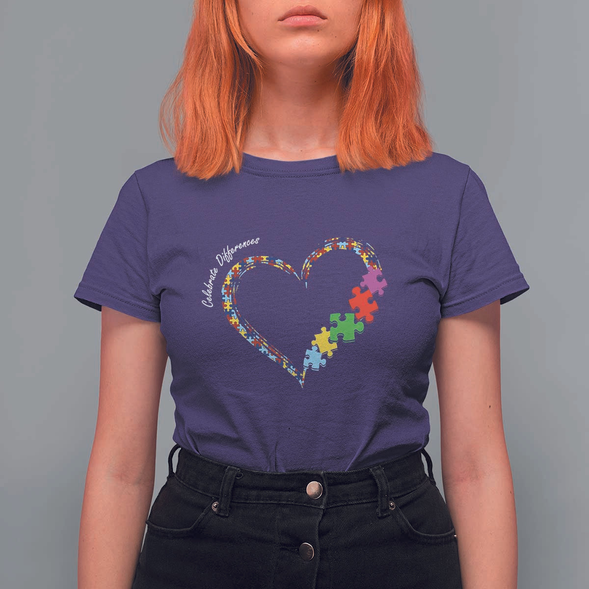 Autism Awareness Celebrate Differences T Shirt For Women Love Heart Puzzle Pieces
