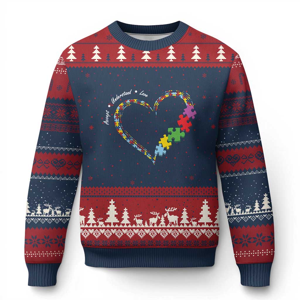 Autism Awareness Accept Understand Love Ugly Christmas Sweater Love Heart Puzzle Pieces