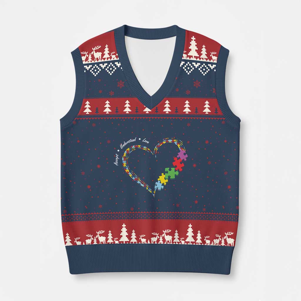 Autism Awareness Accept Understand Love V-Neck Knit Sweater Vest Love Heart Puzzle Pieces