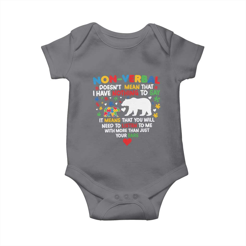 Autism Awareness Baby Onesie Non Verbal Doesn't Mean That I Have Nothing To Say Puzzle Bear