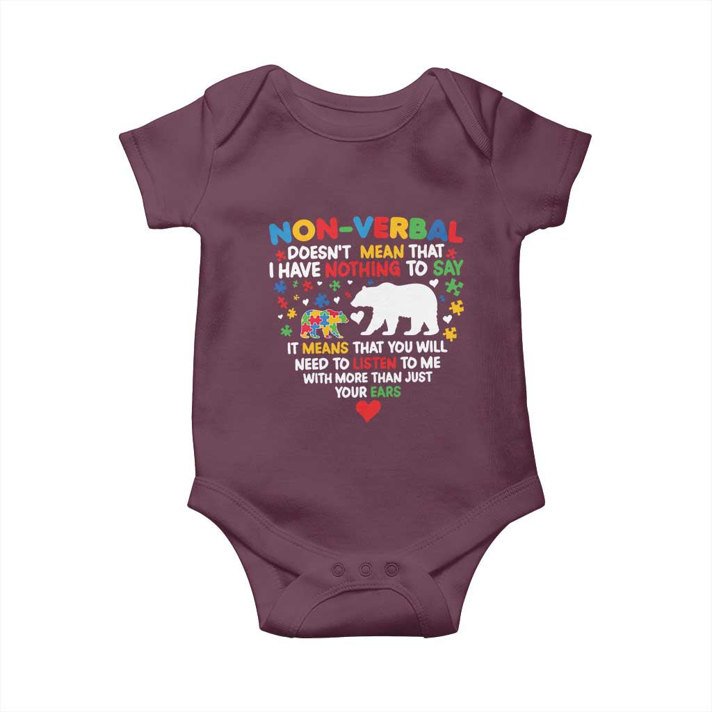 Autism Awareness Baby Onesie Non Verbal Doesn't Mean That I Have Nothing To Say Puzzle Bear