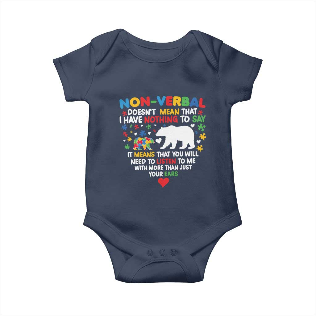 Autism Awareness Baby Onesie Non Verbal Doesn't Mean That I Have Nothing To Say Puzzle Bear