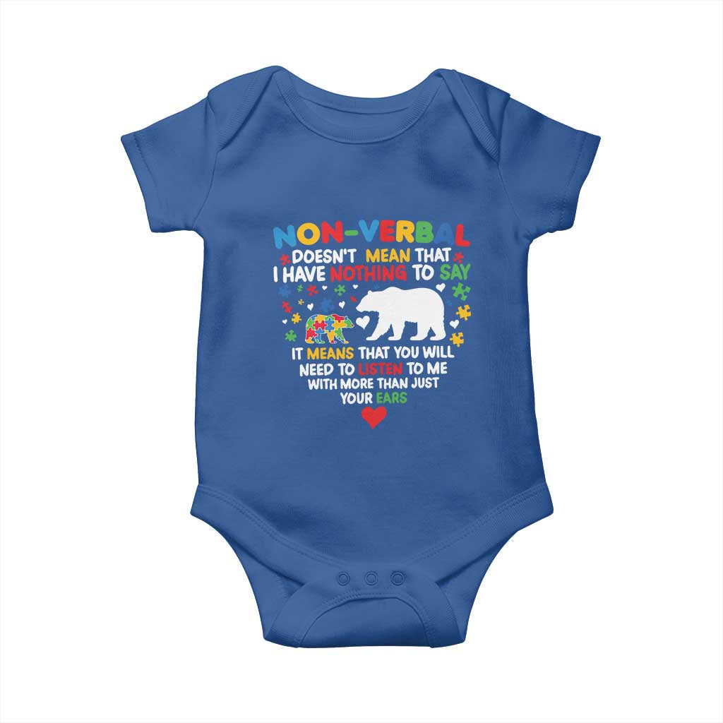 Autism Awareness Baby Onesie Non Verbal Doesn't Mean That I Have Nothing To Say Puzzle Bear