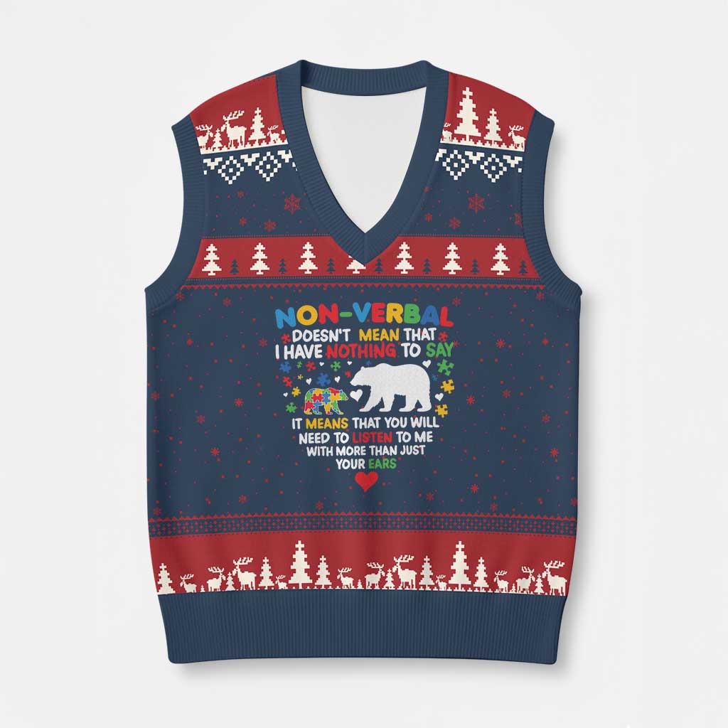 Autism Awareness V-Neck Knit Sweater Vest Non Verbal Doesn't Mean That I Have Nothing To Say Puzzle Bear