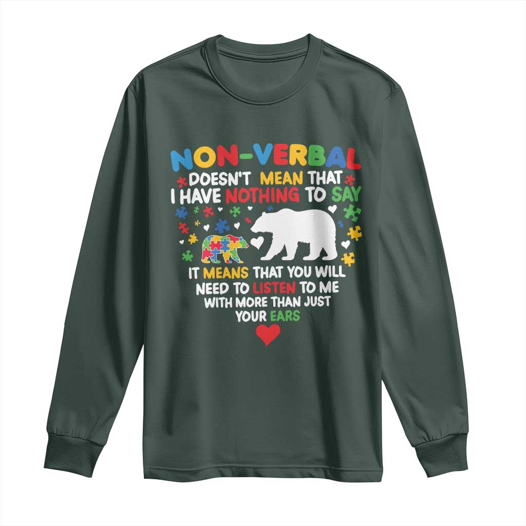 Autism Awareness Long Sleeve Shirt Non Verbal Doesn't Mean That I Have Nothing To Say Puzzle Bear