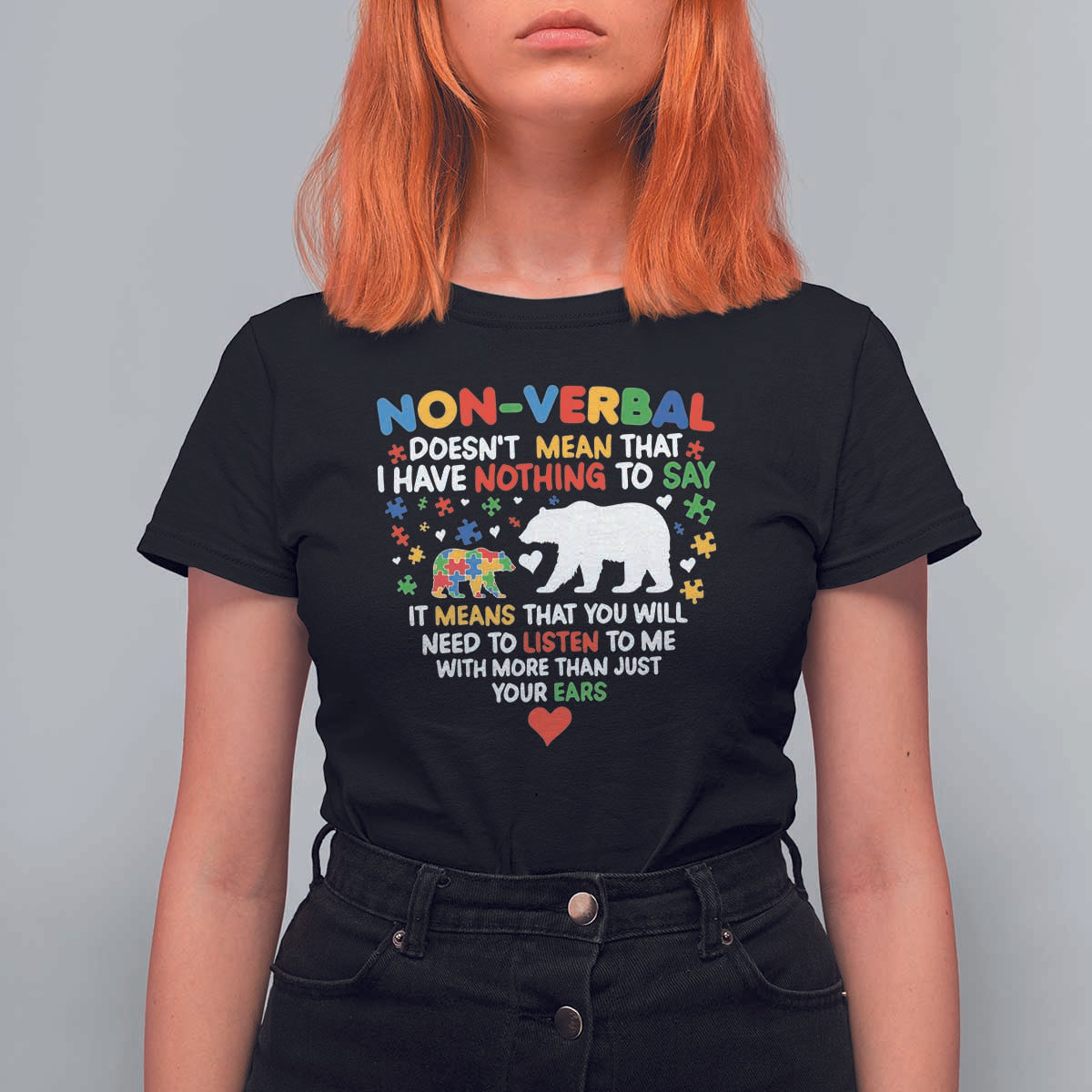 Autism Awareness T Shirt For Women Non Verbal Doesn't Mean That I Have Nothing To Say Puzzle Bear