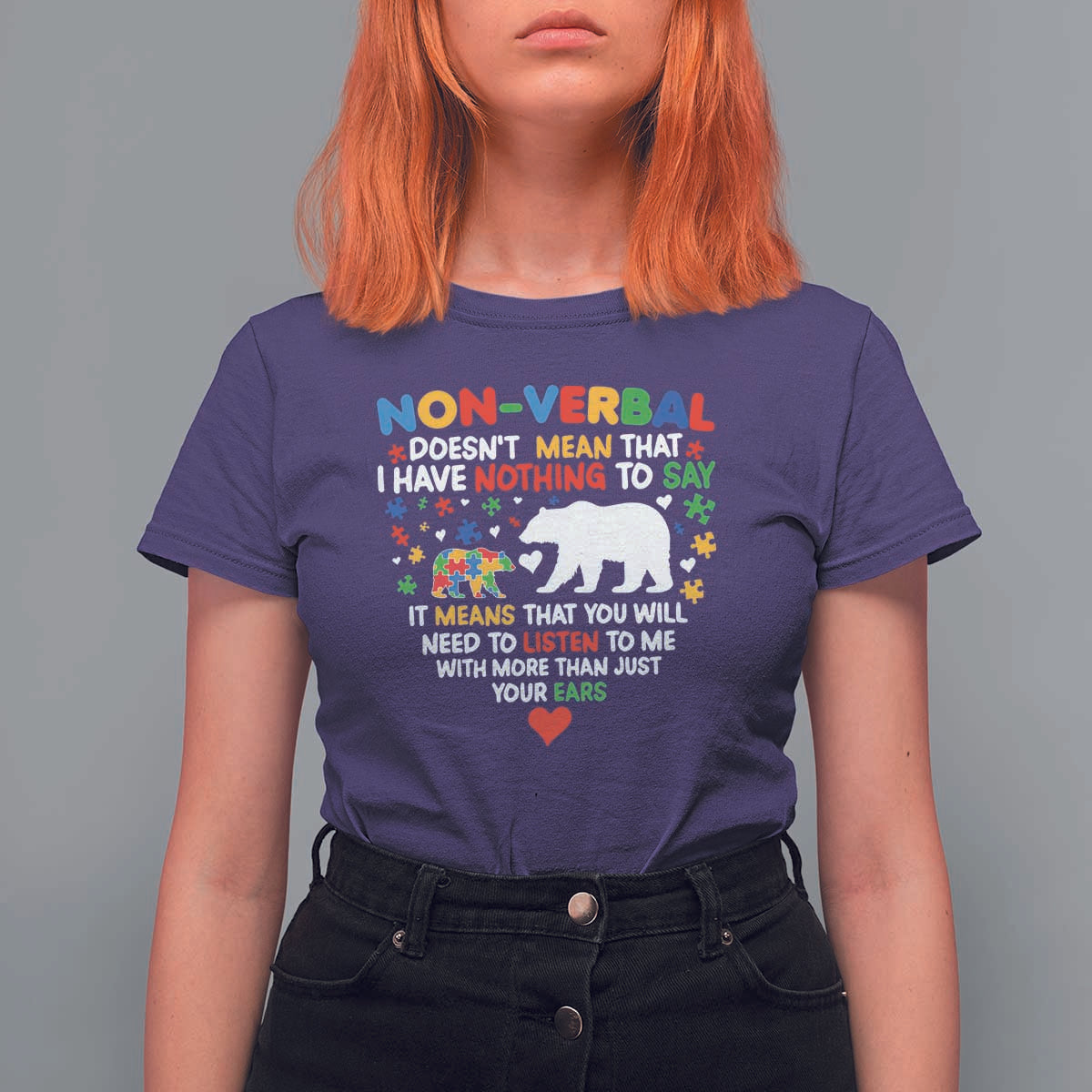 Autism Awareness T Shirt For Women Non Verbal Doesn't Mean That I Have Nothing To Say Puzzle Bear