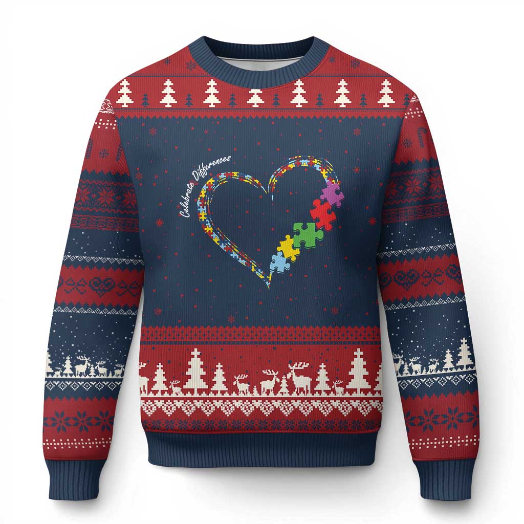 Autism Awareness Celebrate Differences Ugly Christmas Sweater Love Heart Puzzle Pieces