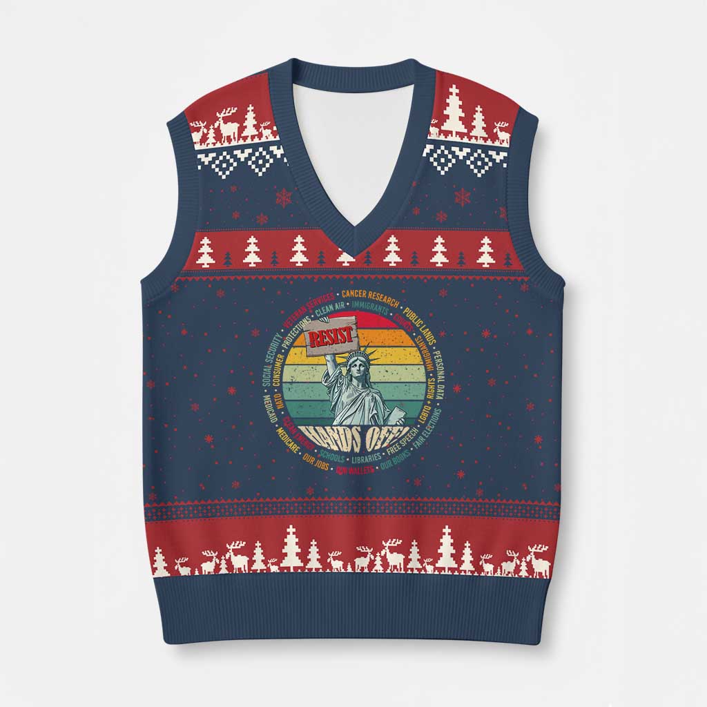 Funny Hands Off V-Neck Knit Sweater Vest Resist Vintage Statue Of Liberty - Wonder Print Shop