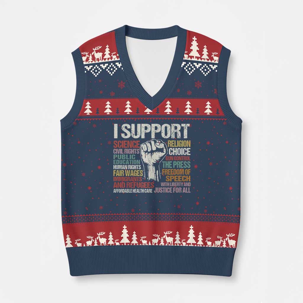 I Support Progressive Liberal Human Rights V-Neck Knit Sweater Vest Vintage Hand Fist - Wonder Print Shop