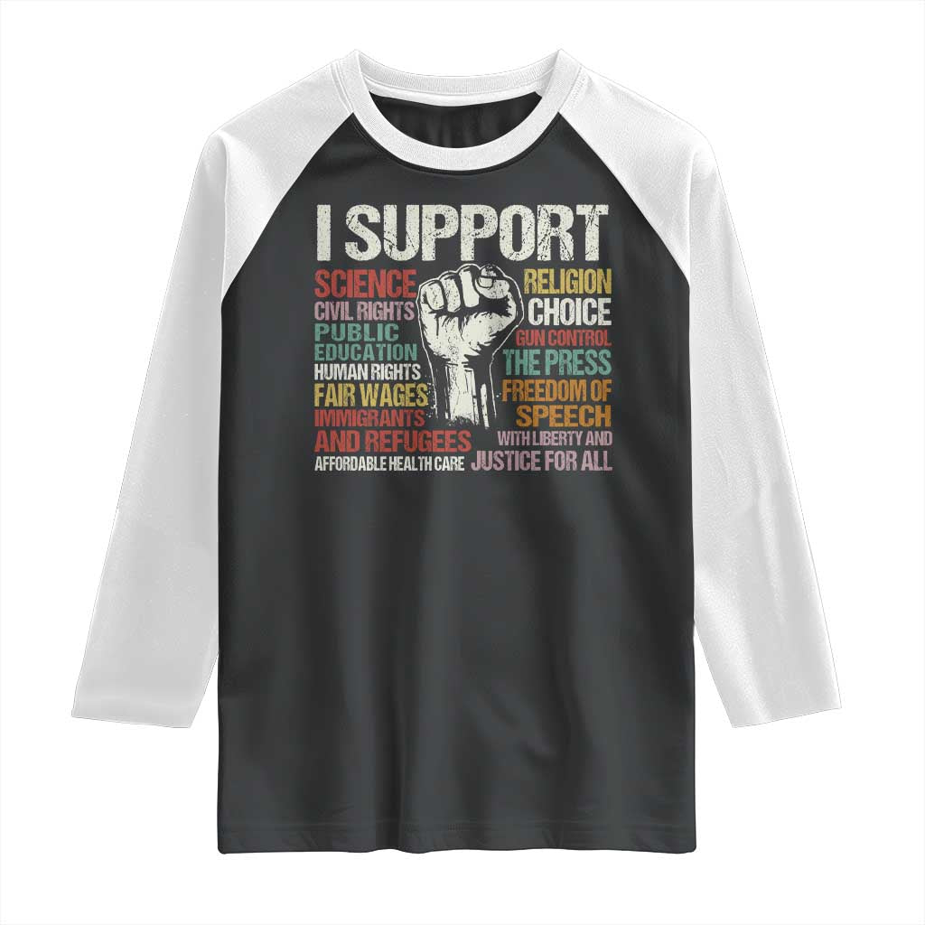 I Support Progressive Liberal Human Rights Raglan Shirt Vintage Hand Fist