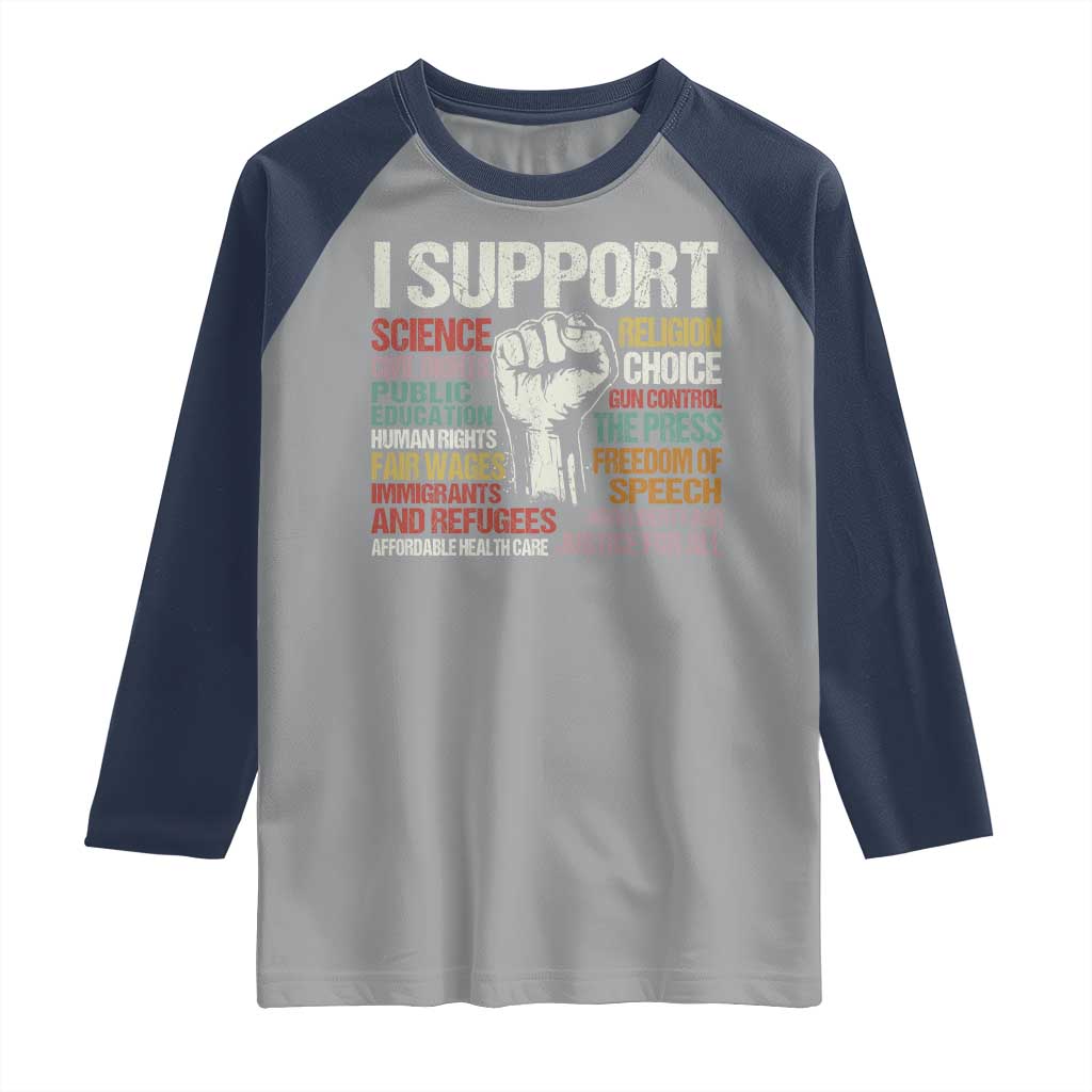 I Support Progressive Liberal Human Rights Raglan Shirt Vintage Hand Fist