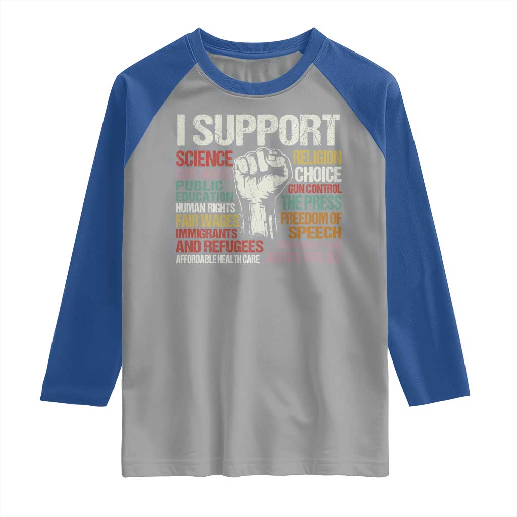 I Support Progressive Liberal Human Rights Raglan Shirt Vintage Hand Fist