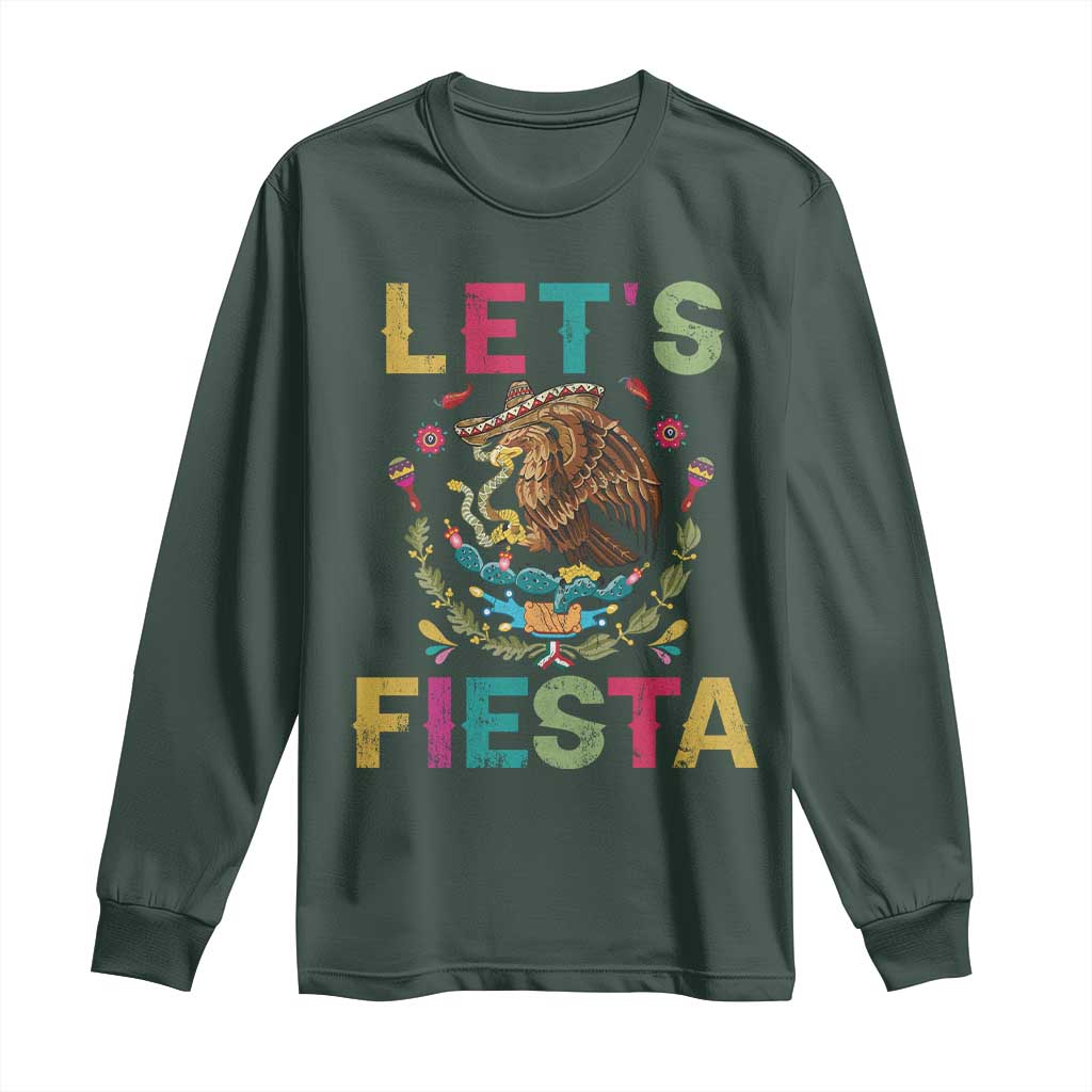 Funny Cinco De Mayo Long Sleeve Shirt Let's Fiesta Golden Eagle Mexico Flag