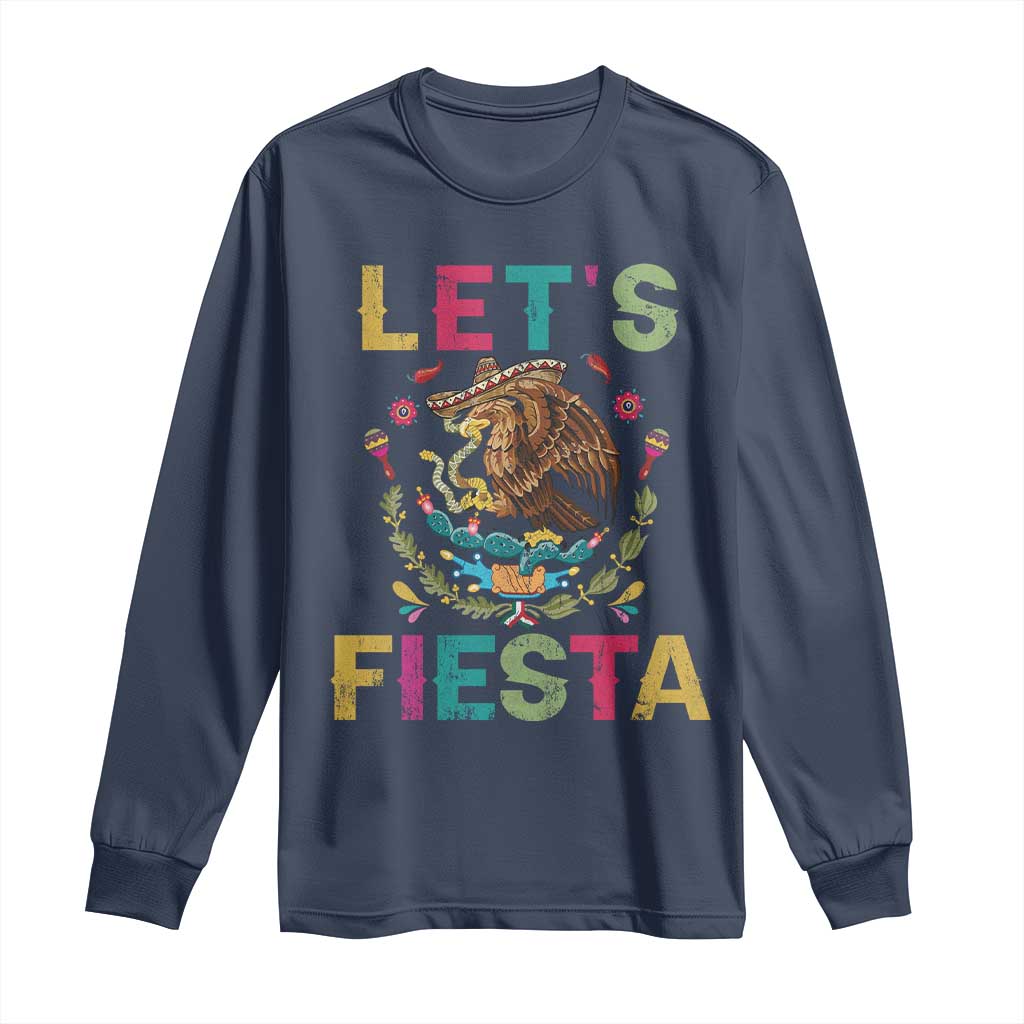 Funny Cinco De Mayo Long Sleeve Shirt Let's Fiesta Golden Eagle Mexico Flag