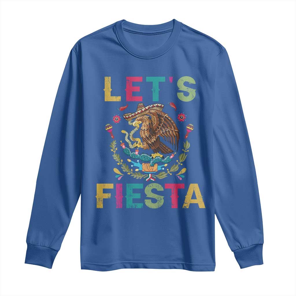 Funny Cinco De Mayo Long Sleeve Shirt Let's Fiesta Golden Eagle Mexico Flag
