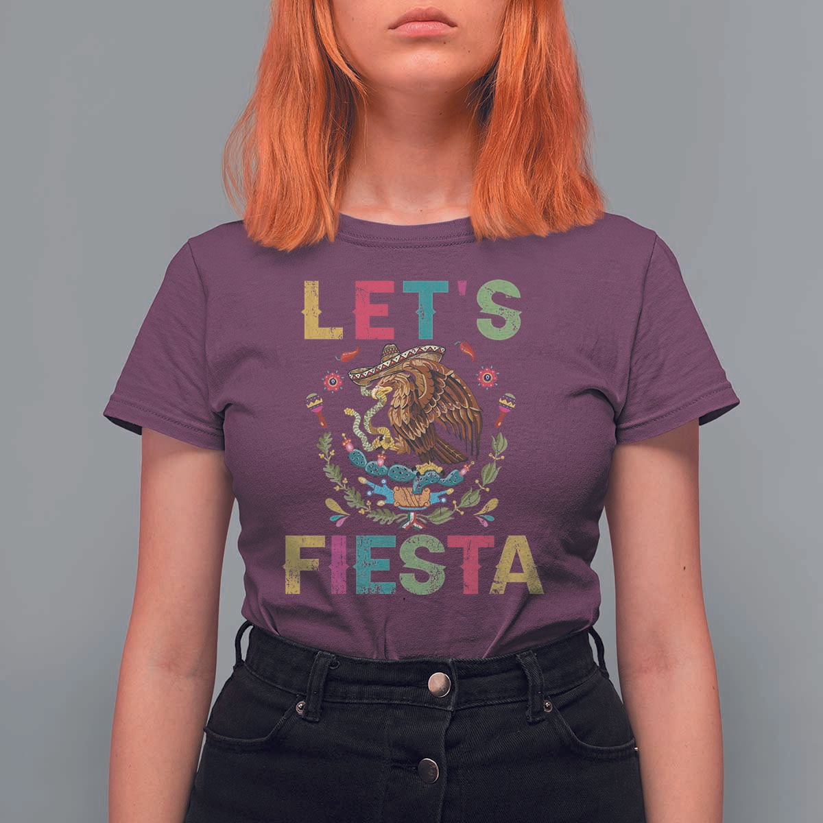 Funny Cinco De Mayo T Shirt For Women Let's Fiesta Golden Eagle Mexico Flag