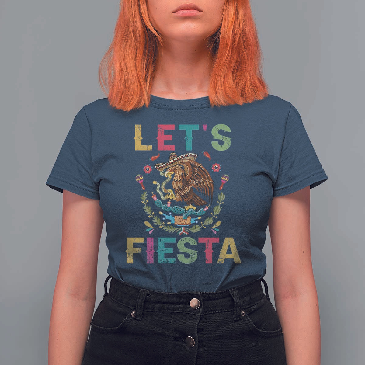 Funny Cinco De Mayo T Shirt For Women Let's Fiesta Golden Eagle Mexico Flag