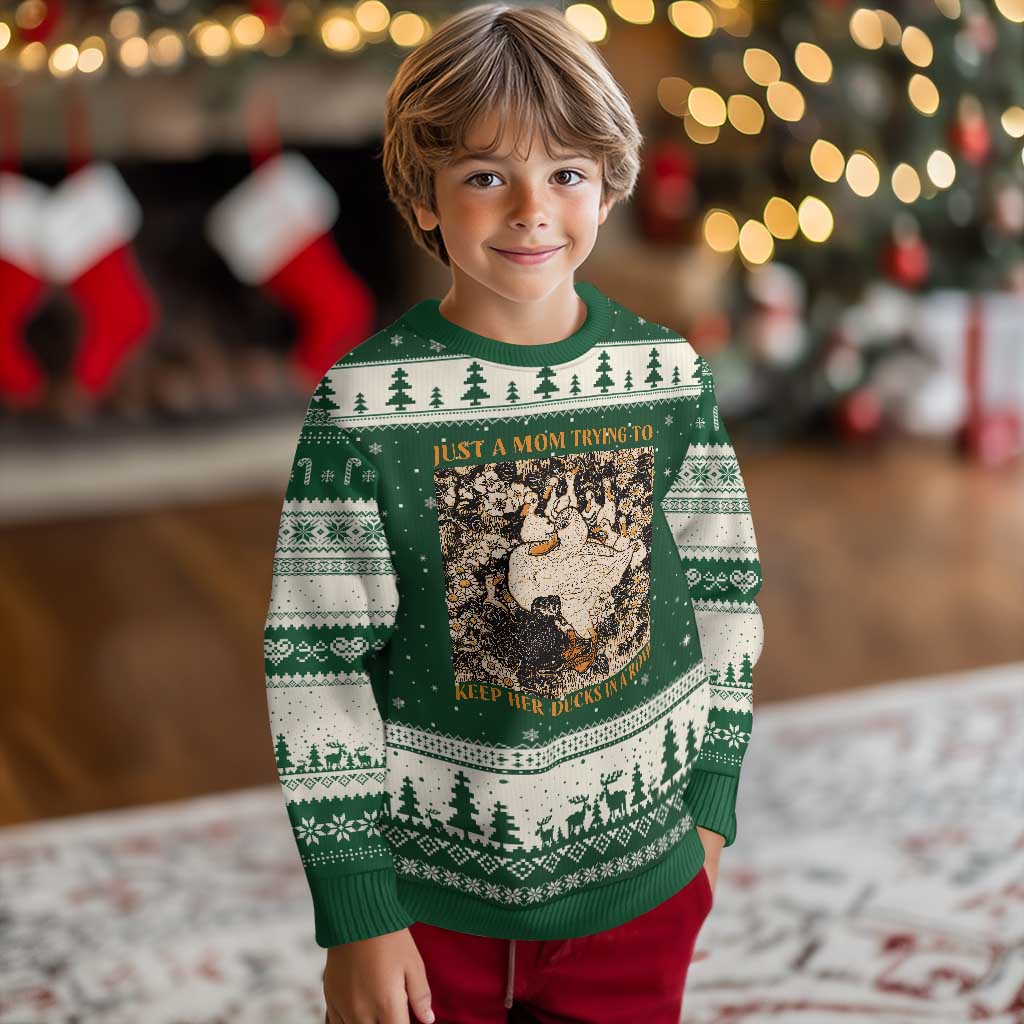 Just A Mom Trying To Keep Her Ducks In A Row Ugly Christmas Sweater Funny Duck Mom