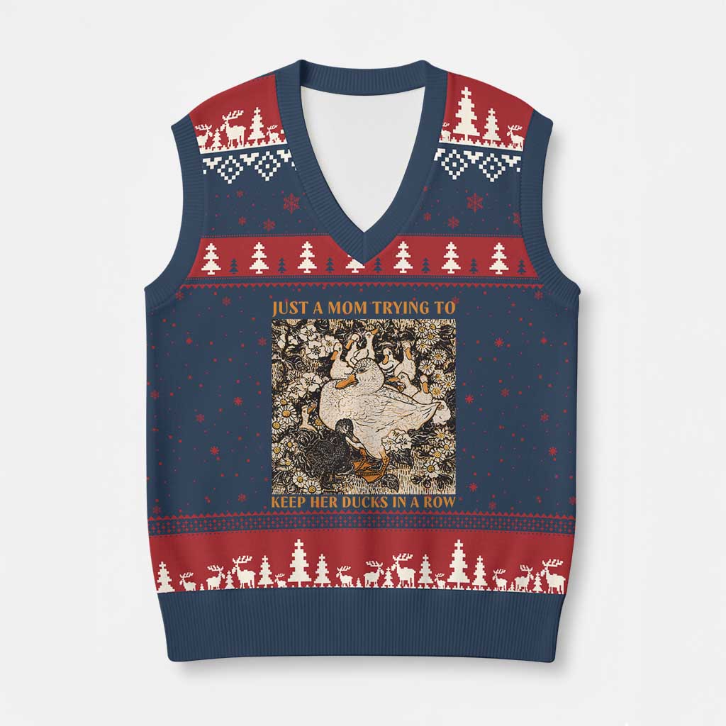 Just A Mom Trying To Keep Her Ducks In A Row V-Neck Knit Sweater Vest Funny Duck Mom