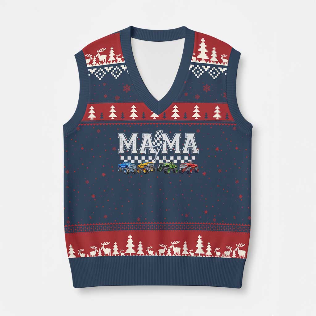 Monster Truck Mama V-Neck Knit Sweater Vest Funny Truck Mom Checkered Mother's Day