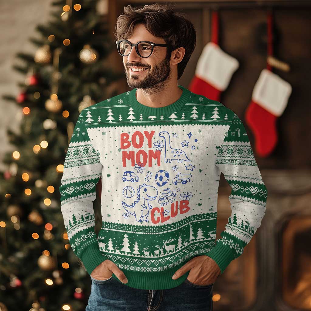 Boy Mom Club Ugly Christmas Sweater Mom Of Boys Dinosaur Kids Toy Doodles