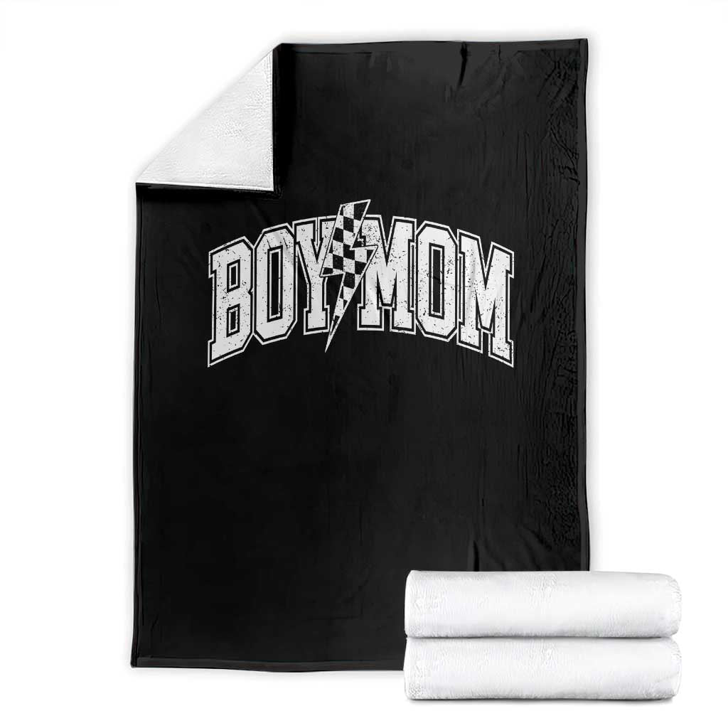 Boy Mom Lightning Bolt Checkered Varsity Son Mama Throw Blanket