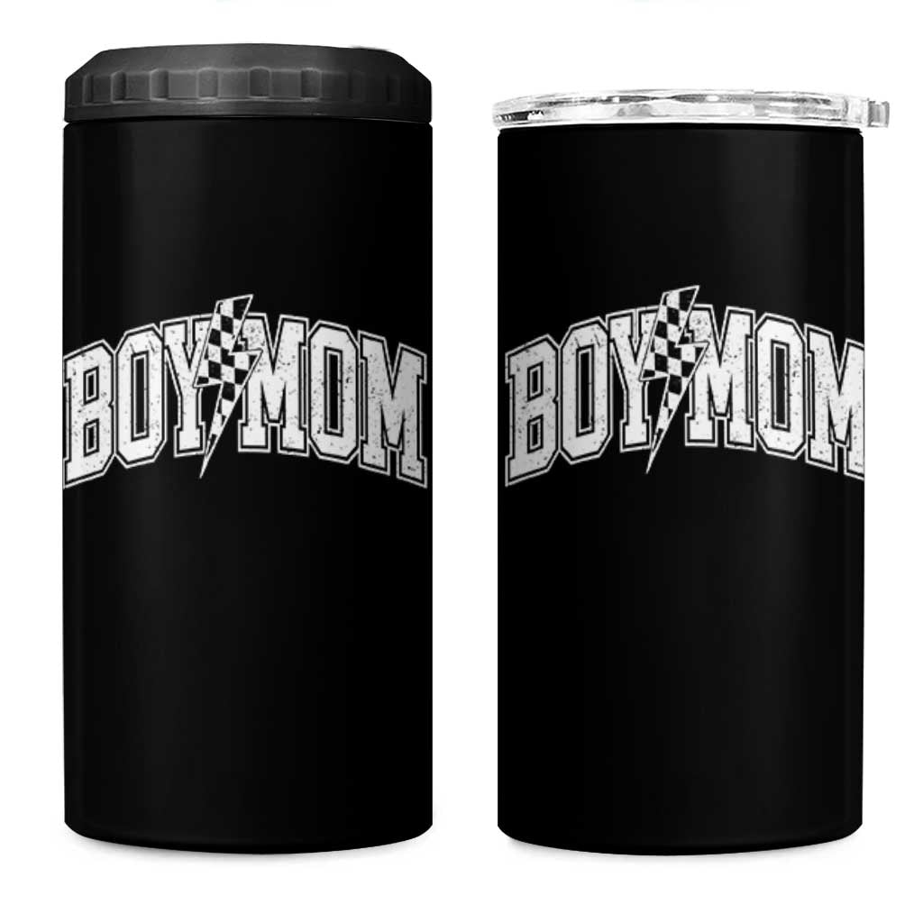 Boy Mom Lightning Bolt Checkered Varsity Son Mama 4 in 1 Can Cooler Tumbler