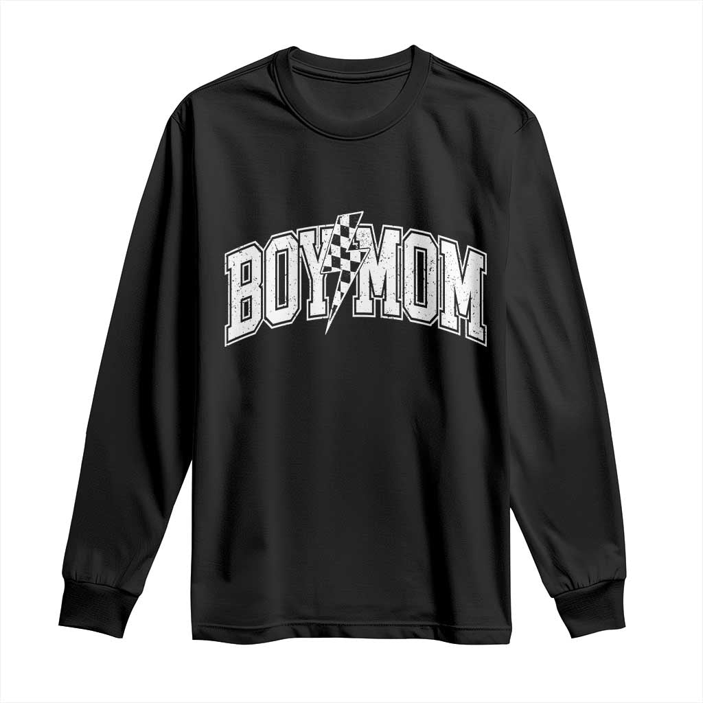 Boy Mom Lightning Bolt Checkered Varsity Son Mama Long Sleeve Shirt