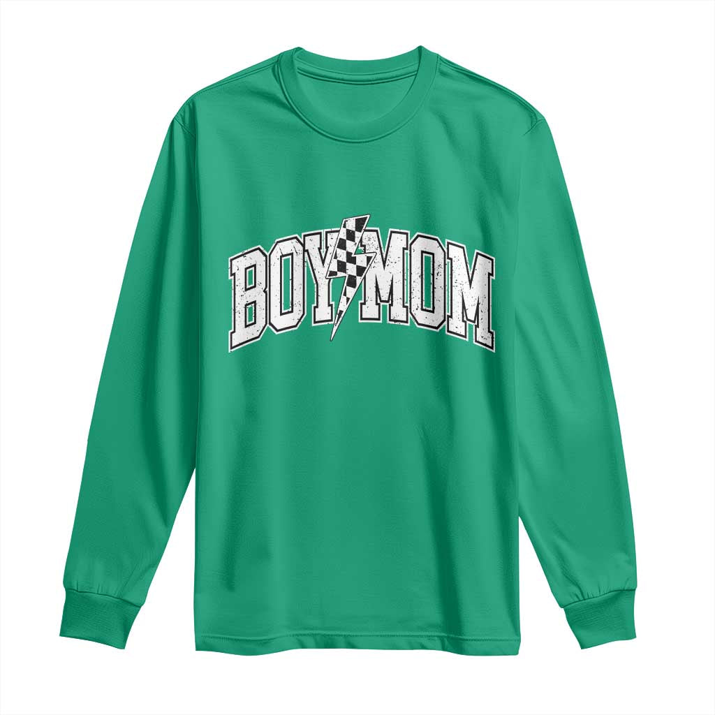 Boy Mom Lightning Bolt Checkered Varsity Son Mama Long Sleeve Shirt