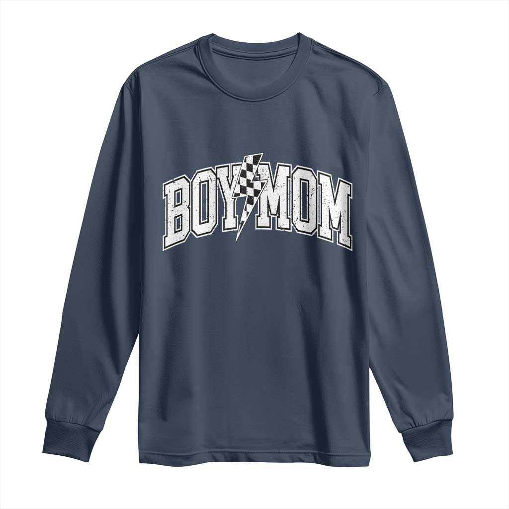 Boy Mom Lightning Bolt Checkered Varsity Son Mama Long Sleeve Shirt