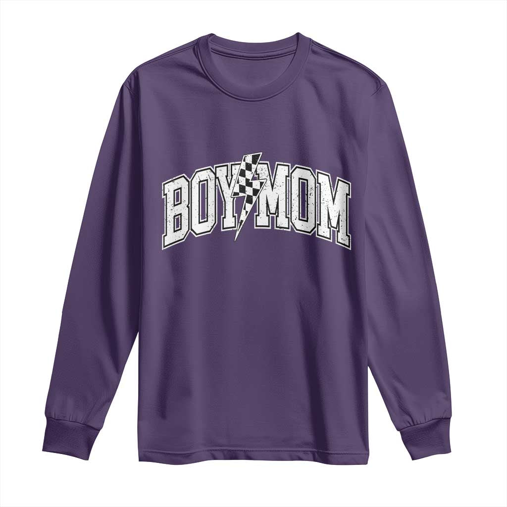Boy Mom Lightning Bolt Checkered Varsity Son Mama Long Sleeve Shirt