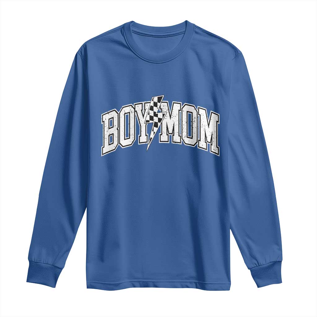 Boy Mom Lightning Bolt Checkered Varsity Son Mama Long Sleeve Shirt