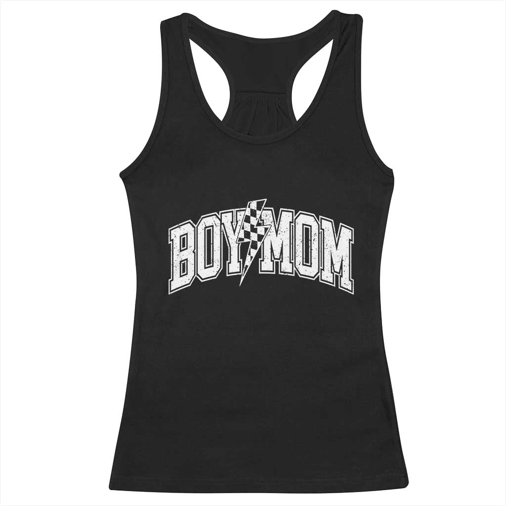 Boy Mom Lightning Bolt Checkered Varsity Son Mama Racerback Tank Top