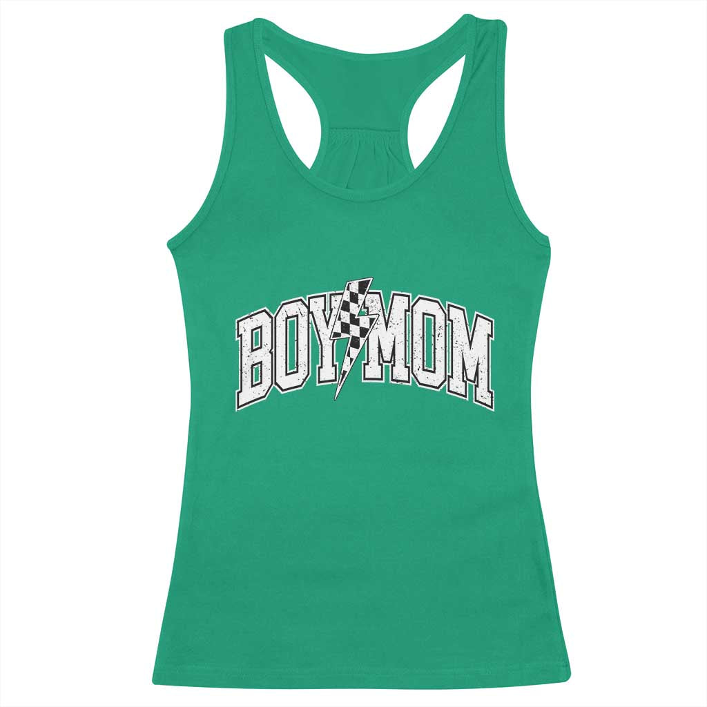 Boy Mom Lightning Bolt Checkered Varsity Son Mama Racerback Tank Top